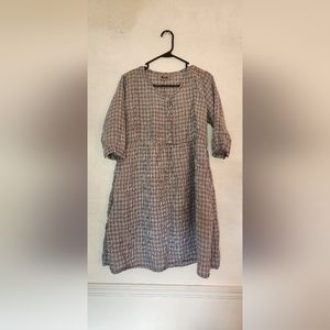Light Blue Plaid Linen Flax Dress